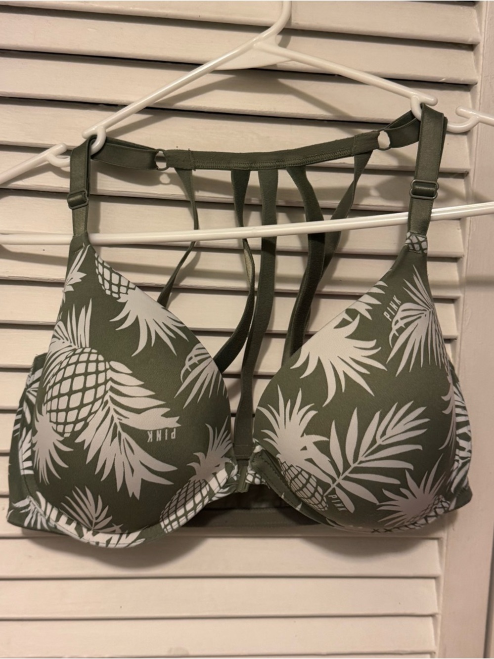 PINK Victoria's Secret Olive Green Pineapple Print Strappy Bra